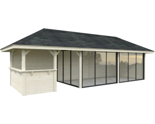 Pavillon de jardin en bois avec façade en verre et toit à deux pentes
