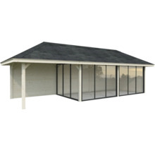 Abri de jardin en bois avec façade vitrée et carton bitumé