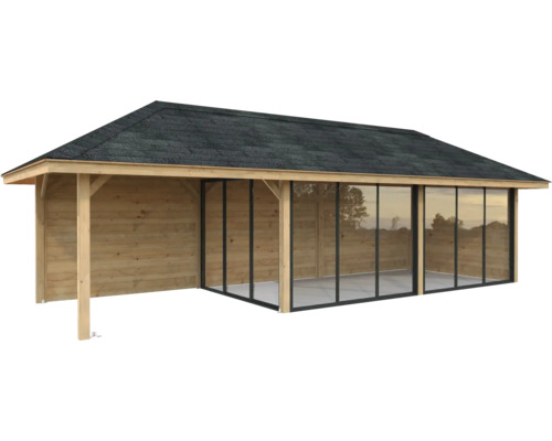 Abri de jardin en bois avec toit et portes coulissantes en verre