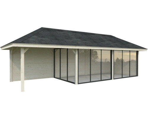 Abri de jardin en bois avec façade en verre et carton bitumé