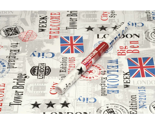 Rouleau de film décoratif autocollant avec des motifs de Londres sur un fond à motifs
