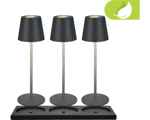 Akku 3er Tischleuchten-Set mit Touch + Ladestation 2,5W 200 lm 2700K + Farbwechsel RGBW H 36 cm Cilano anthrazit Drei LED Tischleuchten mit Ladestation