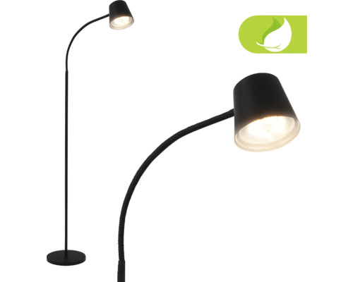 Schwarze Stehlampe mit flexiblem Hals und energiesparendem Symbol