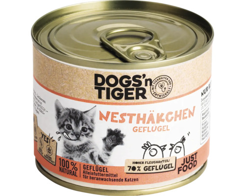 Pâtée pour chats DOGS`n TIGER avoine nue volaille Kitten 200 g sans sucre, sans céréales ni aromes artificiels, sans colorants ni conservateurs Boîte d''aliments pour chats Dogs''n Tiger Nesthaekchen volaille