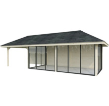 Abri de jardin en bois avec portes coulissantes et carton bitumé