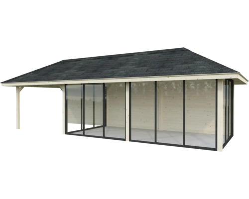 Abri de jardin en bois avec portes coulissantes et carton bitumé