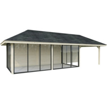 Abri de jardin en bois avec façade en verre et carton bitumé