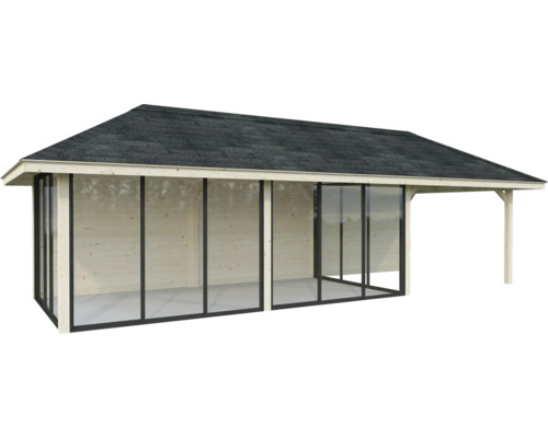Abri de jardin en bois avec façade en verre et carton bitumé