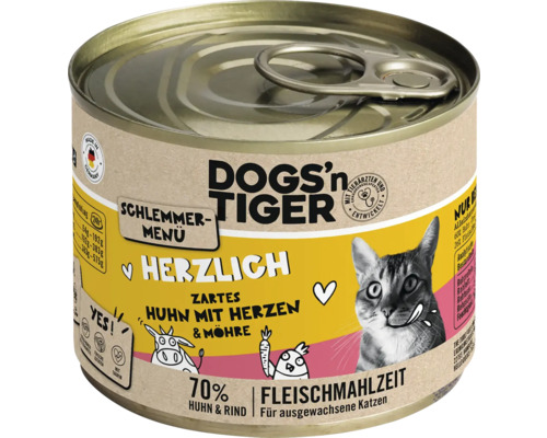 Katzenfutter nass DOGS`n TIGER Herzlich Schlemmermenü Huhn mit Herzen & Möhren 200 g kein Zucker, kein Getreide und keine künstlichen Aroma-, Farb- und Konservierungsstoffe Dose Dogs''n Tiger Katzenfutter Schlemmermenü mit Huhn, Herzen und Möhre