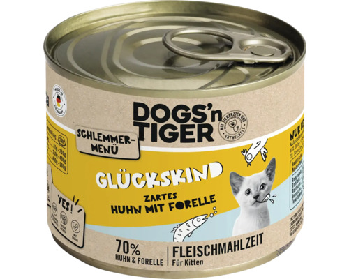 Pâtée pour chats DOGS`n TIGER Glückskind Schlemmermenü Kitten poulet et truite 200 g sans sucre, sans céréales ni aromes artificiels, sans colorants ni conservateurs Dogs''n Tiger nourriture pour chat Glückskind poulet et truite en conserve