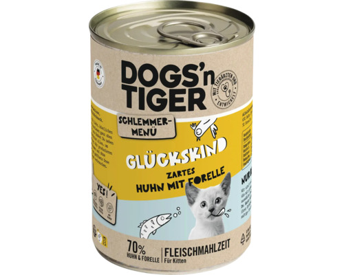 Pâtée pour chats DOGS`n TIGER Glückskind Schlemmermenü Kitten poulet et truite 400 g sans sucre, sans céréales ni aromes artificiels, sans colorants ni conservateurs Dogs''n Tiger Schlemmer Menü Glückskind Aliment humide Poulet à la truite pour chatons