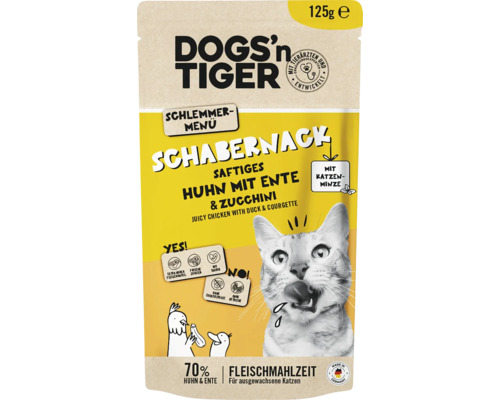 Dogs''n Tiger Schabernack Feuchtfutter für ausgewachsene Katzen mit Huhn, Ente und Zucchini in 125 Gramm Packung