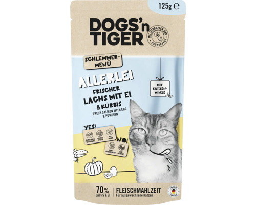 Dogs''n Tiger Allerlei Katzenfutter mit Lachs, Ei und Kürbis, 125 Gramm