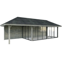 Pavillon couvert avec revêtement en bois et façade en verre