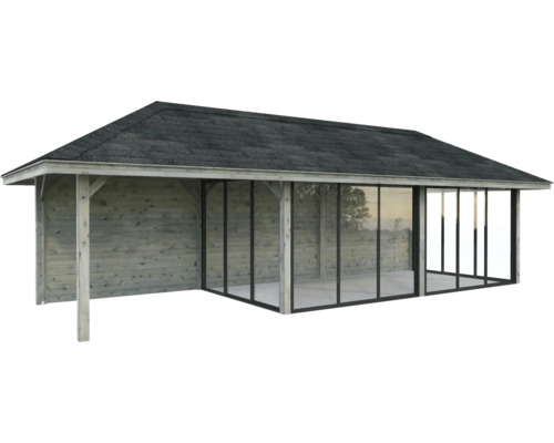 Pavillon couvert avec revêtement en bois et façade en verre