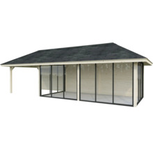 Terrasse en bois couverte avec portes coulissantes en verre et toit