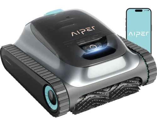 Aiper Scuba S1 2025, robot de piscine pour piscines jusqu'à 150 m², nettoyage sans fil du fond, des parois et de la ligne d'eau, vitesse d'écoulement 15 900 l/h, durée de fonctionnement de la batterie 180 minutes Logo Aiper sur un robot nettoyeur de piscine et un smartphone