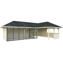 Pavillon de jardin avec véranda couverte et portes coulissantes en verre