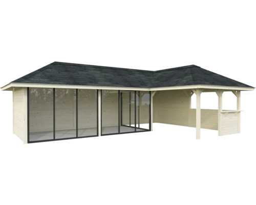 Pavillon de jardin avec véranda couverte et portes coulissantes en verre