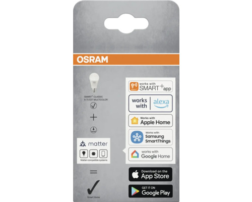 Osram Smart+ Classic A 75 E27 Multicolor Produktverpackung mit Smart Home Kompatibilitätssymbolen