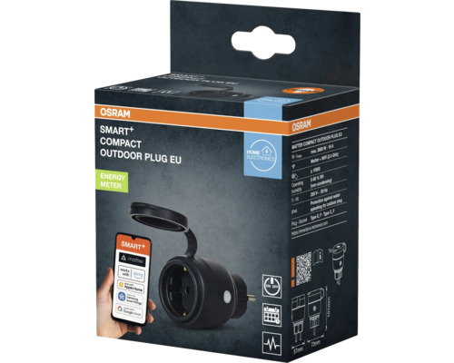 Prise d'extérieur compacte Osram Smart+ EU dans son emballage, prend en charge Matter, Alexa, Apple Home, Samsung SmartThings et Google Home