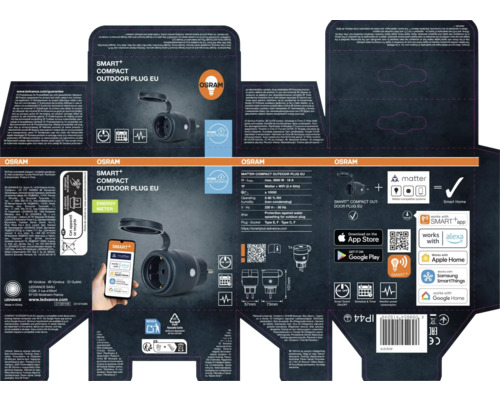 Emballage d'une prise extérieure compacte Osram Smart+ pour l'UE.