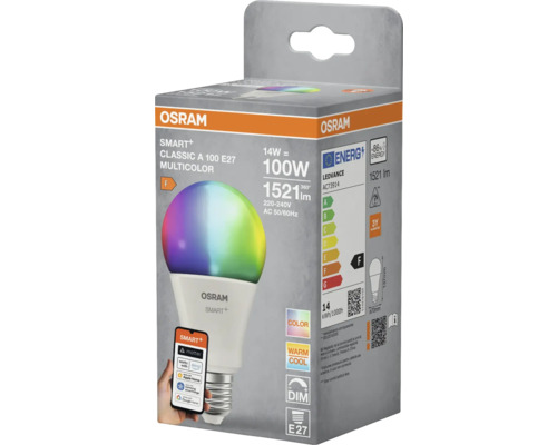 Lampe LED multicolore Osram Smart Plus Classic A 100 E27 dans son emballage