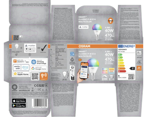 Verpackung einer Osram Smart+ Classic P 40 E14 Multicolor Lampe, kompatibel mit Smart Home Systemen