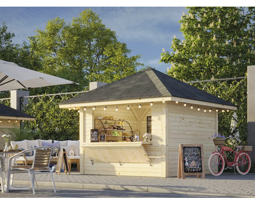 Holz Kiosk mit Verkaufsklappe, Lichterkette und Steildach in Gartenszene