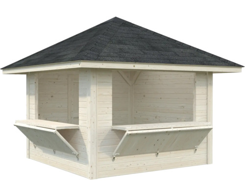 Holzpavillon mit Dach und ausklappbaren Theken