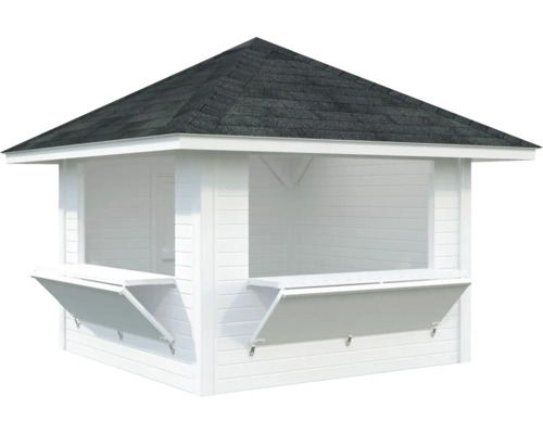Weißer Pavillon mit schwarzem Dach und offenen Fensterläden