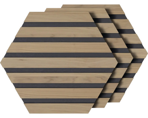 Sechseckige Holzpaneele mit dunklen Streifen