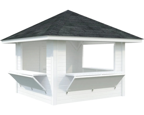 Pavillon de jardin en bois blanc avec toit et comptoirs pliants