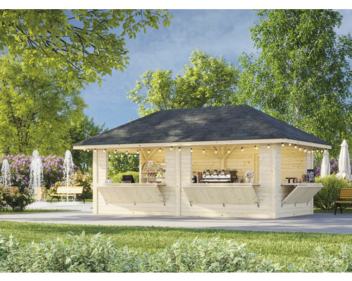 Stand de vente en bois avec éclairage dans un parc