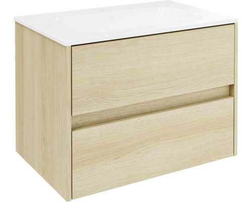 Set de meubles de salle de bains FACKELMANN Compact Line lxhxp 710 x 515 x 465 mm couleur de façade chêne Lindberg avec vasque en céramique blanche Meuble sous-lavabo avec deux tiroirs et lavabo
