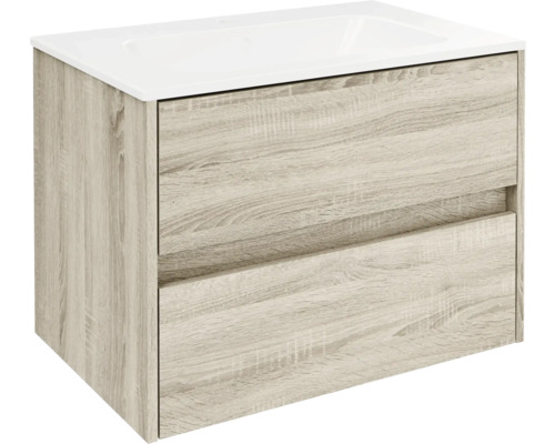 Set de meubles de salle de bains FACKELMANN Compact Line lxhxp 710 x 515 x 465 mm couleur de façade chêne Sonoma avec vasque en céramique blanche Meuble sous-lavabo avec deux tiroirs et aspect bois
