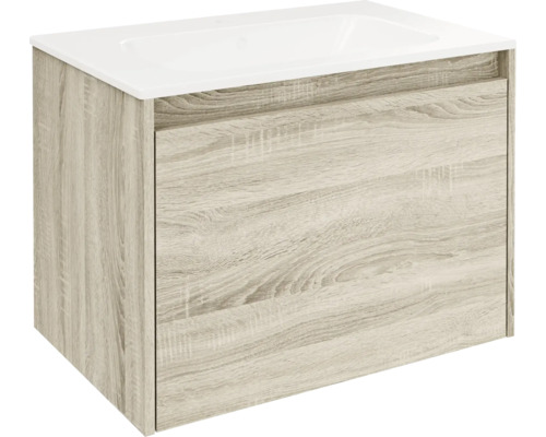 Set de meubles de salle de bains FACKELMANN Compact Line lxhxp 710 x 515 x 465 mm couleur de façade chêne Sonoma avec vasque en céramique blanche Meuble sous-lavabo avec un tiroir et un lavabo