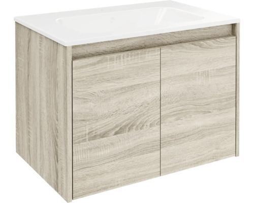 Set de meubles de salle de bains FACKELMANN Compact Line lxhxp 710 x 515 x 465 mm couleur de façade chêne Sonoma avec vasque en céramique blanche Meuble sous-lavabo avec deux portes et lavabo à poser
