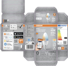 Verpackung einer Osram Smart+ Classic B 40 E14 Lampe, kompatibel mit Smart Home Systemen