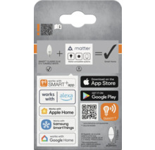 Verpackung einer Smart Classic B 40 E14 tunable white Lampe mit Matter-Kompatibilität und Kompatibilität mit Smart App, Alexa, Apple Home, Samsung SmartThings und Google Home