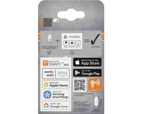 Verpackung einer Smart Classic B 40 E14 tunable white Lampe mit Matter-Kompatibilität und Kompatibilität mit Smart App, Alexa, Apple Home, Samsung SmartThings und Google Home