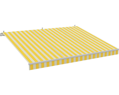 Store banne à bras articulé 3x2,5 tissu jaune/gris avec effet lotus piètement RAL 9006 blanc aluminium Store banne à bras articulé 3x2,5 tissu jaune/gris avec effet lotus piètement RAL 9006 blanc aluminium