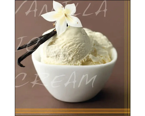 Vanilleeis in einer Schale mit Vanilleblume und Vanilleschote