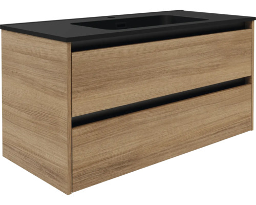 Waschtischunterschrank FACKELMANN VITA BxHxT 1000 x 500 mm x 460 mm Frontfarbe summer oak mit Gussmarmorbecken schwarz Waschtischunterschrank mit zwei Schubladen und eingelassenem Waschbecken