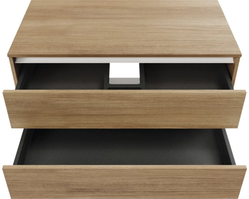 Meuble sous-lavabo avec deux tiroirs ouverts