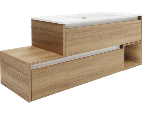 Waschtischunterschrank FACKELMANN VITA BxHxT 1285 x 500 mm x 460 mm Frontfarbe summer oak Griffleiste weiß Waschtischunterschrank mit Schubladen und Ablagefläche