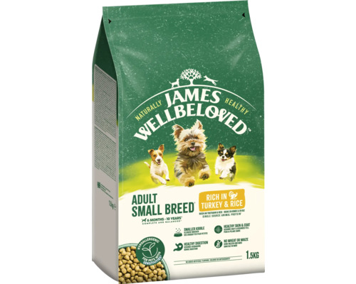 Croquettes pour chiens JAMES WELLBELOVED™ Superfoods Adult Turkey 1,5 kg à la dinde, chou-fleur et quinoa, hypoallergénique Aliments secs James Wellbeloved pour chiens adultes de petites races avec dinde et riz en conditionnement de 1,5 kilogramme.