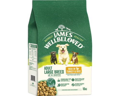 Hundefutter trocken JAMES WELLBELOVED™ Adult Large Breed Turkey & Rice 10 kg, für große Hunde, mit Truthahn, Reis, hypoallergen James Wellbeloved Hundetrockenfutter für ausgewachsene, große Rassen mit Truthahn und Reis in einer 10 Kilogramm Packung