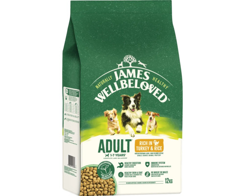 Hundefutter trocken JAMES WELLBELOVED™ Adult Turkey & Rice 12 kg, mit Truthahn, Reis, hypoallergen James Wellbeloved Adult Hundefutter mit Truthahn und Reis, 12 kg Sack