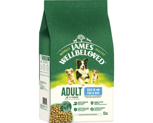 Hundefutter trocken JAMES WELLBELOVED™ Adult Fish & Rice 12 kg, mit Fisch, Reis, hypoallergen James Wellbeloved Adult Hundefutter mit Fisch und Reis, geeignet für Hunde im Alter von 1 bis 7 Jahren, 12 Kilogramm